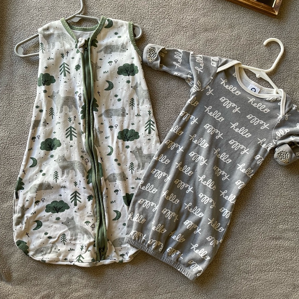 0-6m Yoofoss Gerber Organic Woodland Sleep Sack & Gray 'Hello' Hedge Gown